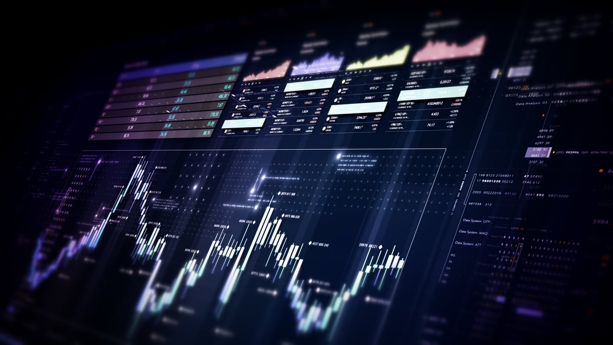 Panel de trading financiero futurista con gráficos y análisis de datos en tiempo real